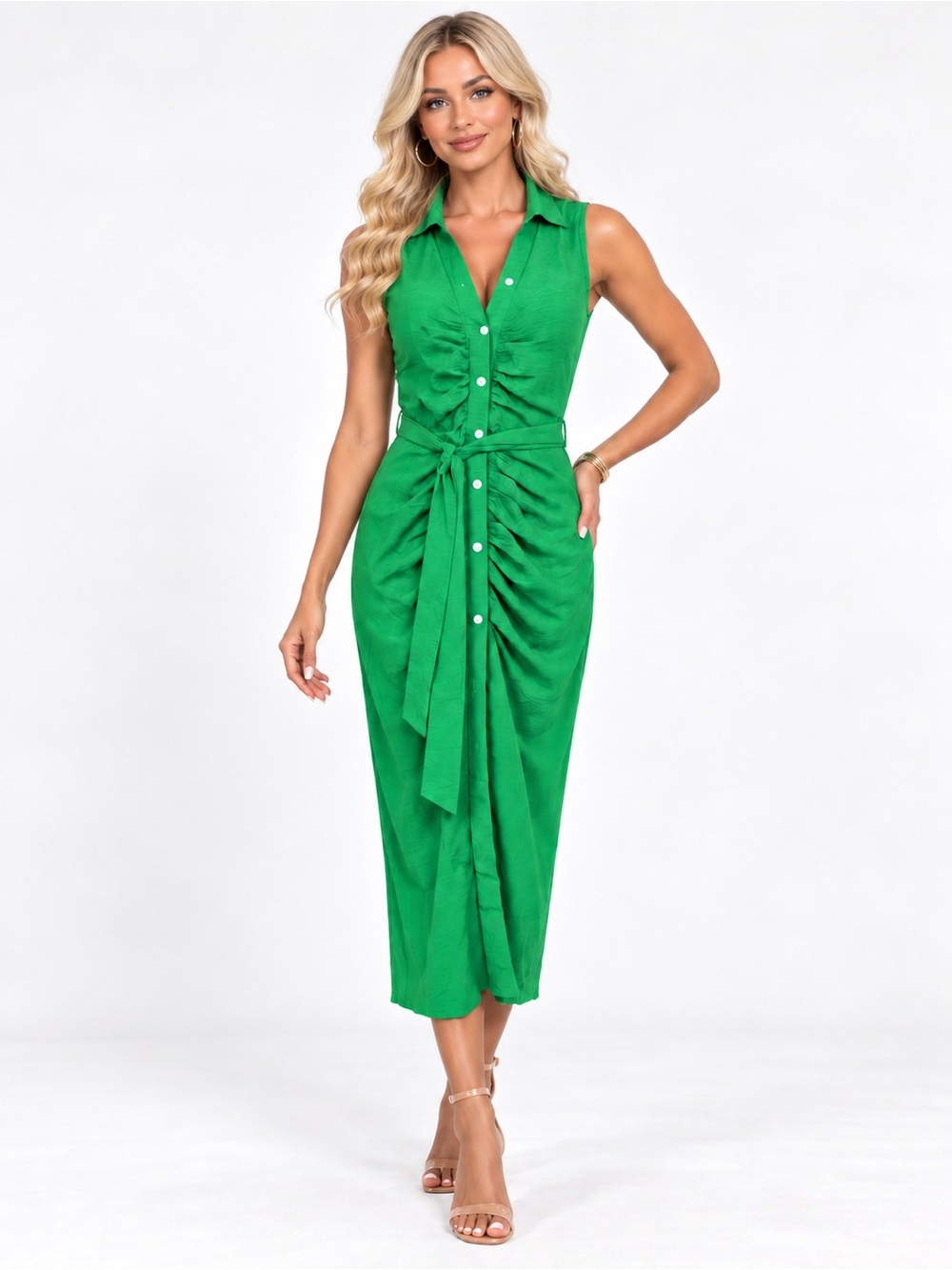 Sleeveless Collared Midi Dress with Front Tie in Emerald Green